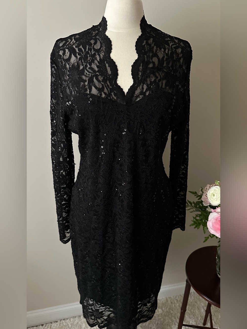 MARINA Black Lace Long Sleeve Sequin Sheath Dress